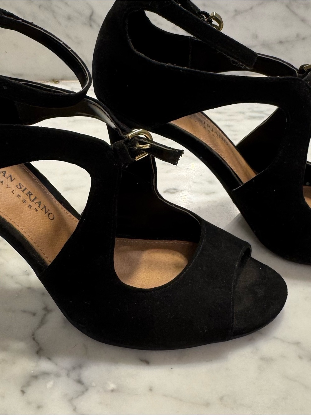 Christian Siriano Black Suede Open-Toe Ankle Strap Heels